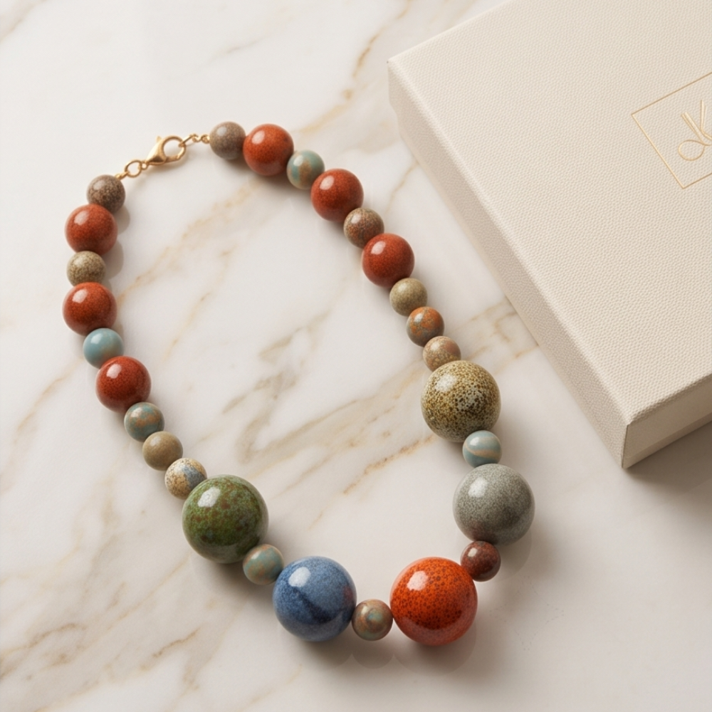 Colorful ceramic beaded statement necklace displayed on marble with gift box